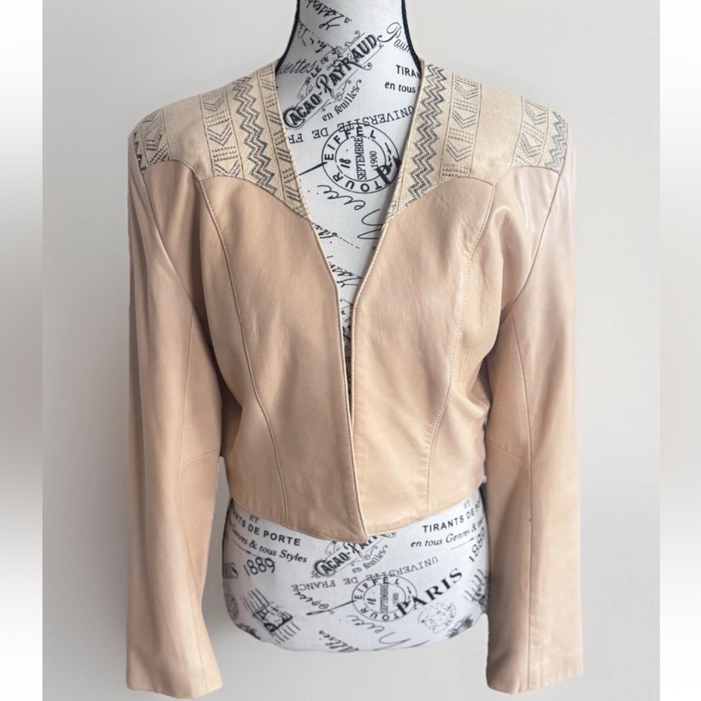 Vintage Continental Fashions Leather Western Cowgirl Cream Coat Jacket